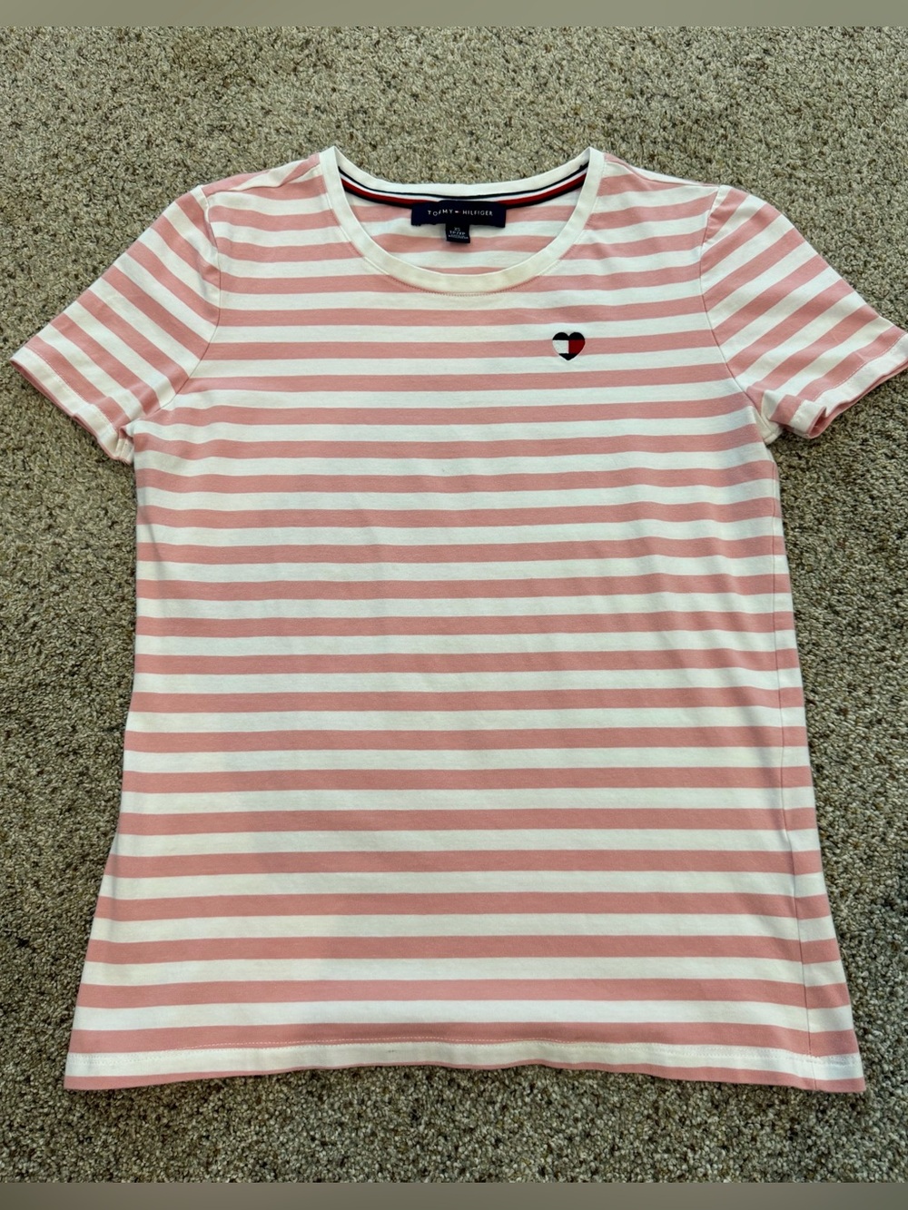 Tommy Hilfiger Pink and White Striped Short Sleeve Tee with Heart Patch